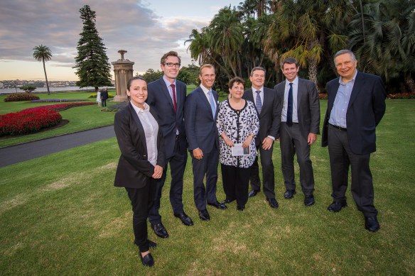 In front of the Choragic Monument of Lysicrates at the Royal Botanic Garden, Sydney after Premier Mike Baird announced the winner of the first Lysicrates Prize.From left: Lee Lewis, Artistic Director Griffin Theatre Company, Finance Minister Dominic Perrottet, Environment Minister Rob Stokes, Patricia Azarias, Kim Ellis, Executive Director, Botanic Gardens and Centennial Parklands, John Azarias. Photo: Jessica Lindsay